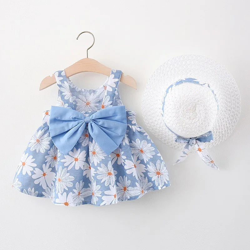 Summer Girls- Fashion Chrysanthemum Print Dress with Straps and Large Bow - Princess Party Outfit for (0-3 Years).