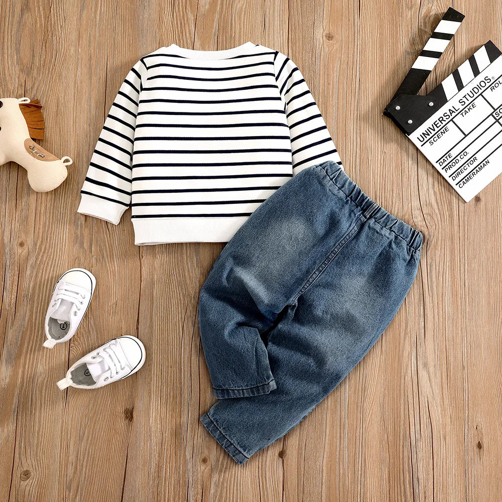 Baby & Toddler Outfit | Elephant Stripe Top & Cute Print Jeans Set for (0-2 Years)