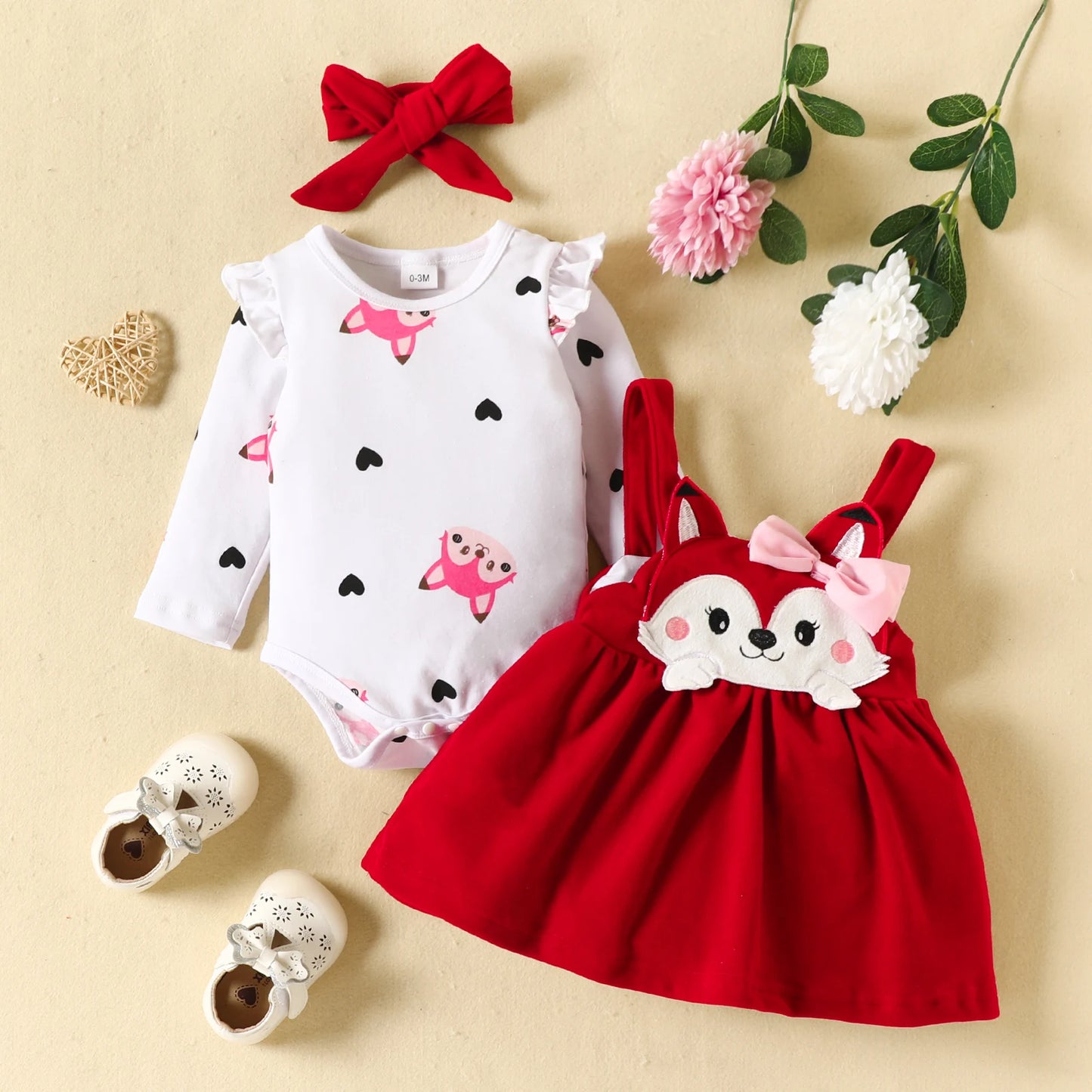 3PCS Baby Girl Fox Print Long Sleeve Onesie with Triangle Bib, Fox Plush Embroidery Overall Dress Set