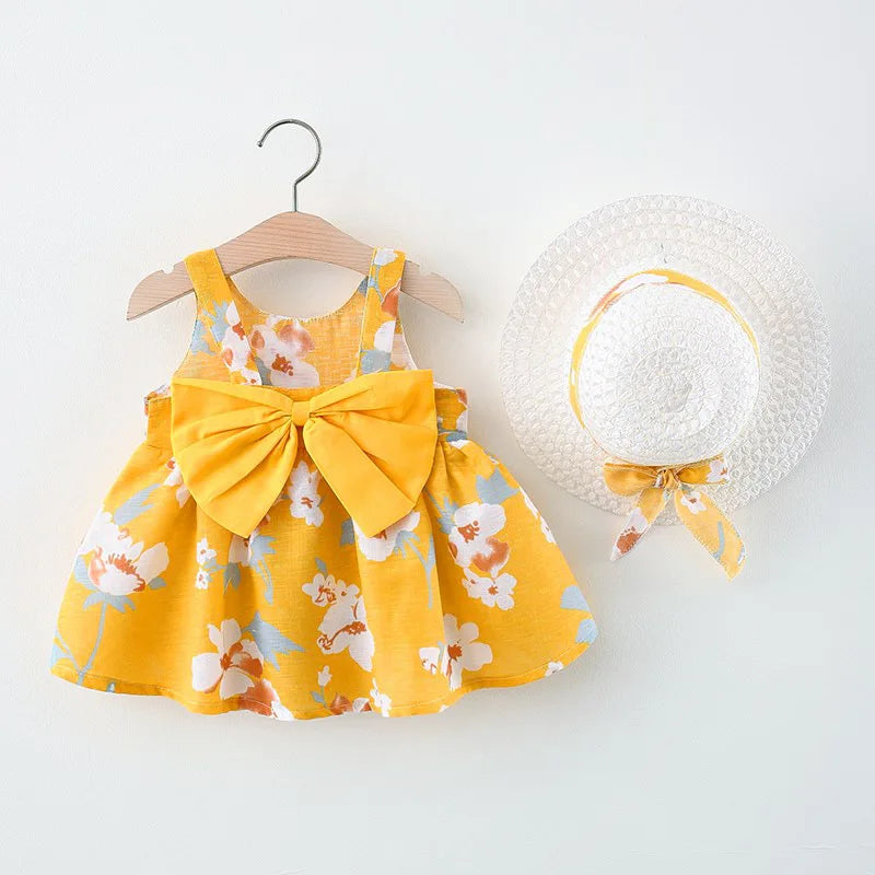 Summer Girls- Fashion Chrysanthemum Print Dress with Straps and Large Bow - Princess Party Outfit for (0-3 Years).