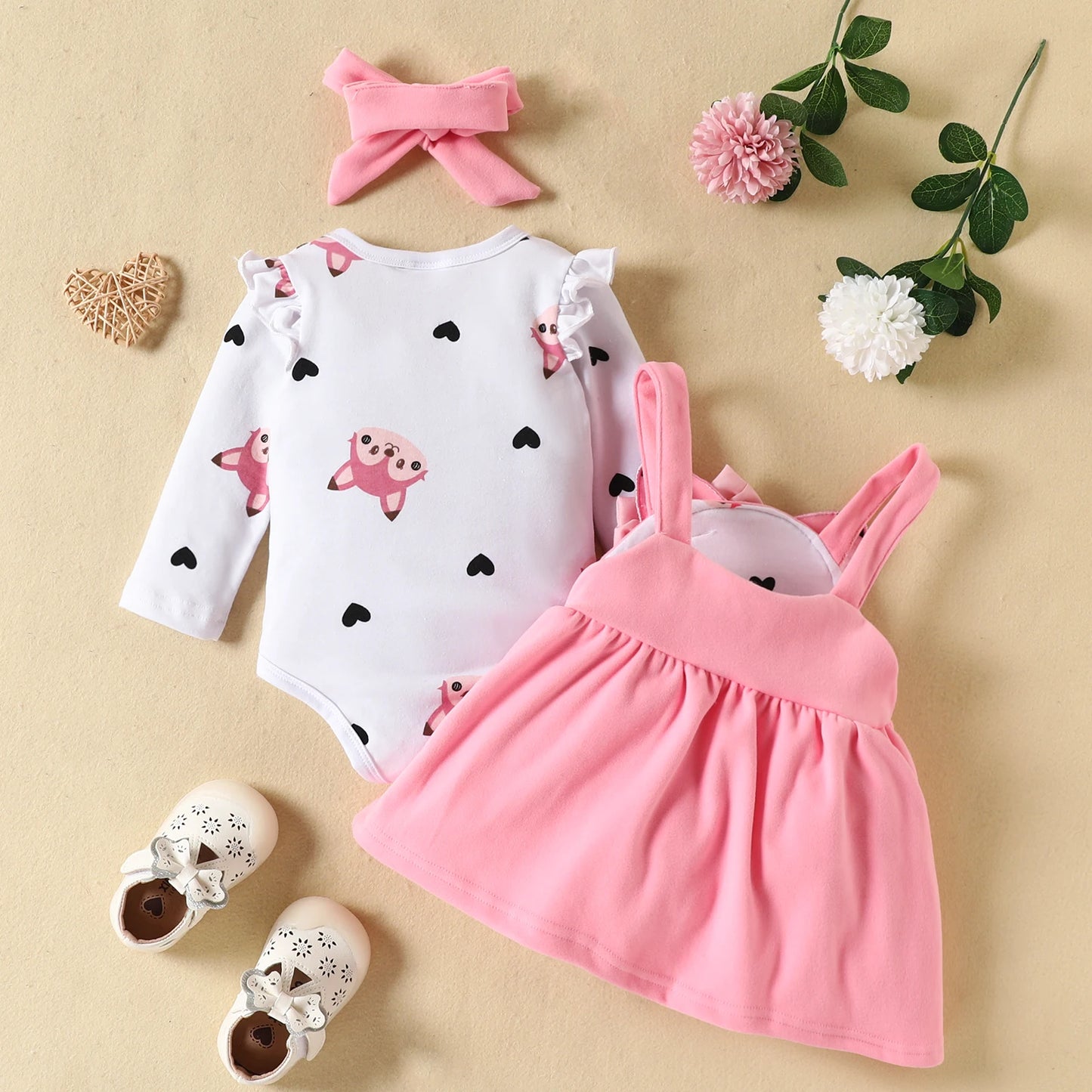 3PCS Baby Girl Fox Print Long Sleeve Onesie with Triangle Bib, Fox Plush Embroidery Overall Dress Set