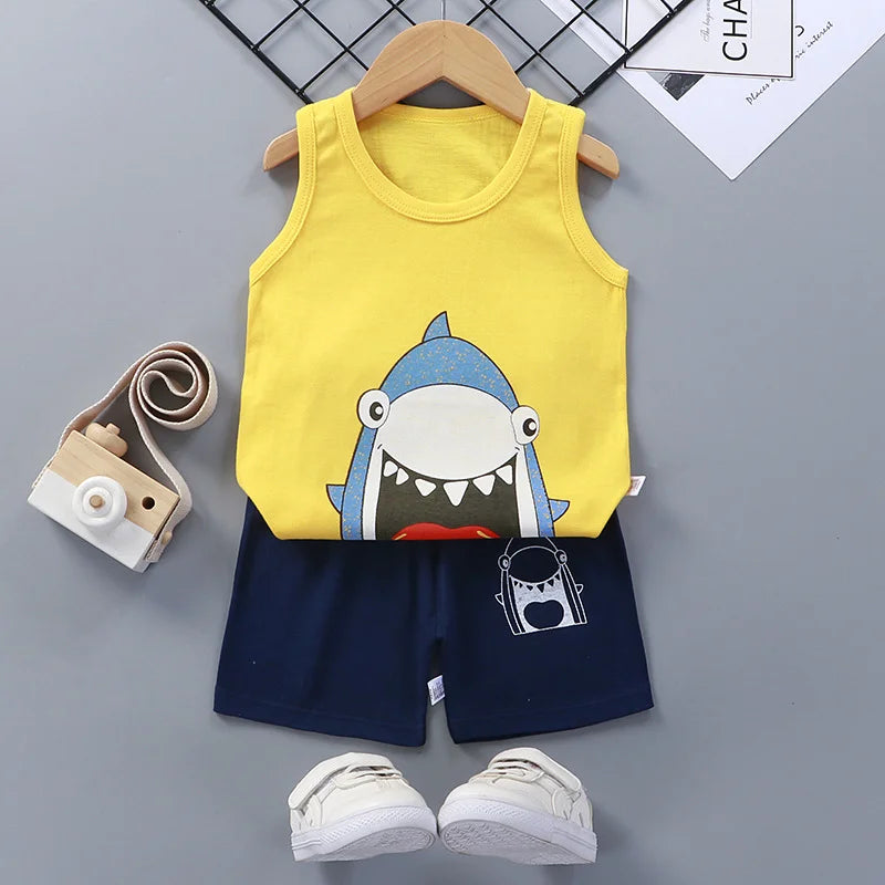 Kids' Summer Cotton Clothing Set - Boys' & Girls' Sleeveless Vest, T-Shirt, and Shorts Outfit (9M-7Years).