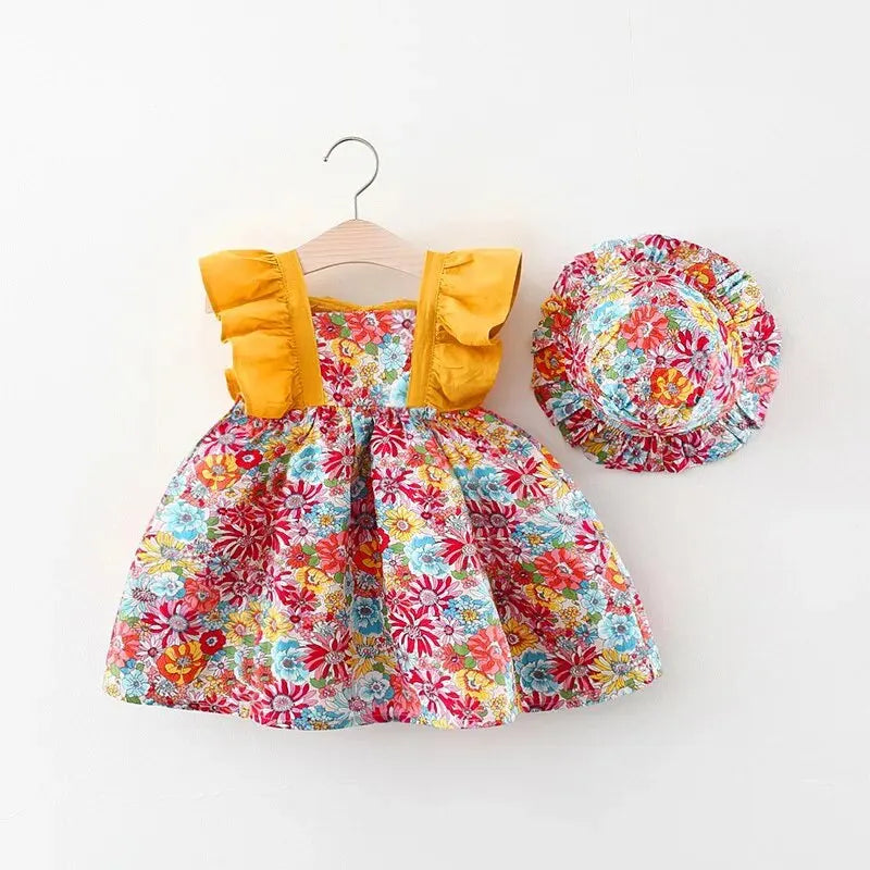 Summer Baby Girl Strap Dress with Hat: Floral Sleeveless Princess Dress for Newborns and Toddlers (0-3 Years).