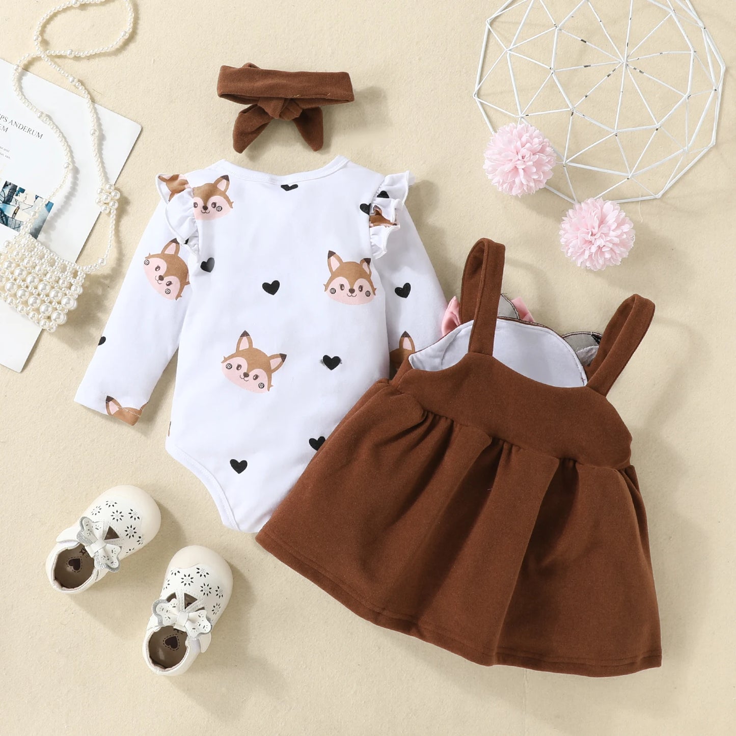 3PCS Baby Girl Fox Print Long Sleeve Onesie with Triangle Bib, Fox Plush Embroidery Overall Dress Set