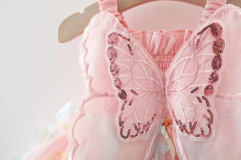 Girls' Summer Princess Dress with Colorful Mesh Butterfly Wings and Drawstring Waist - Perfect for Parties(6M-3Years) .