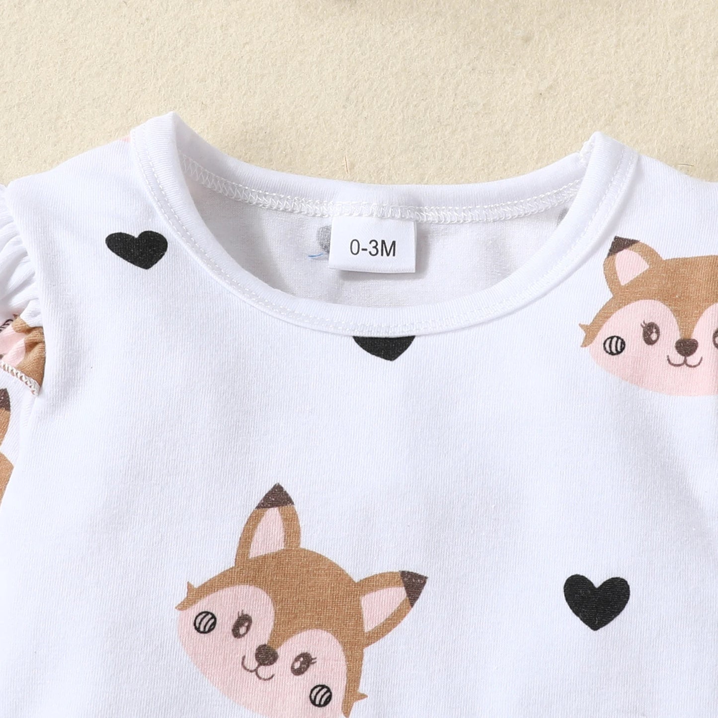 3PCS Baby Girl Fox Print Long Sleeve Onesie with Triangle Bib, Fox Plush Embroidery Overall Dress Set