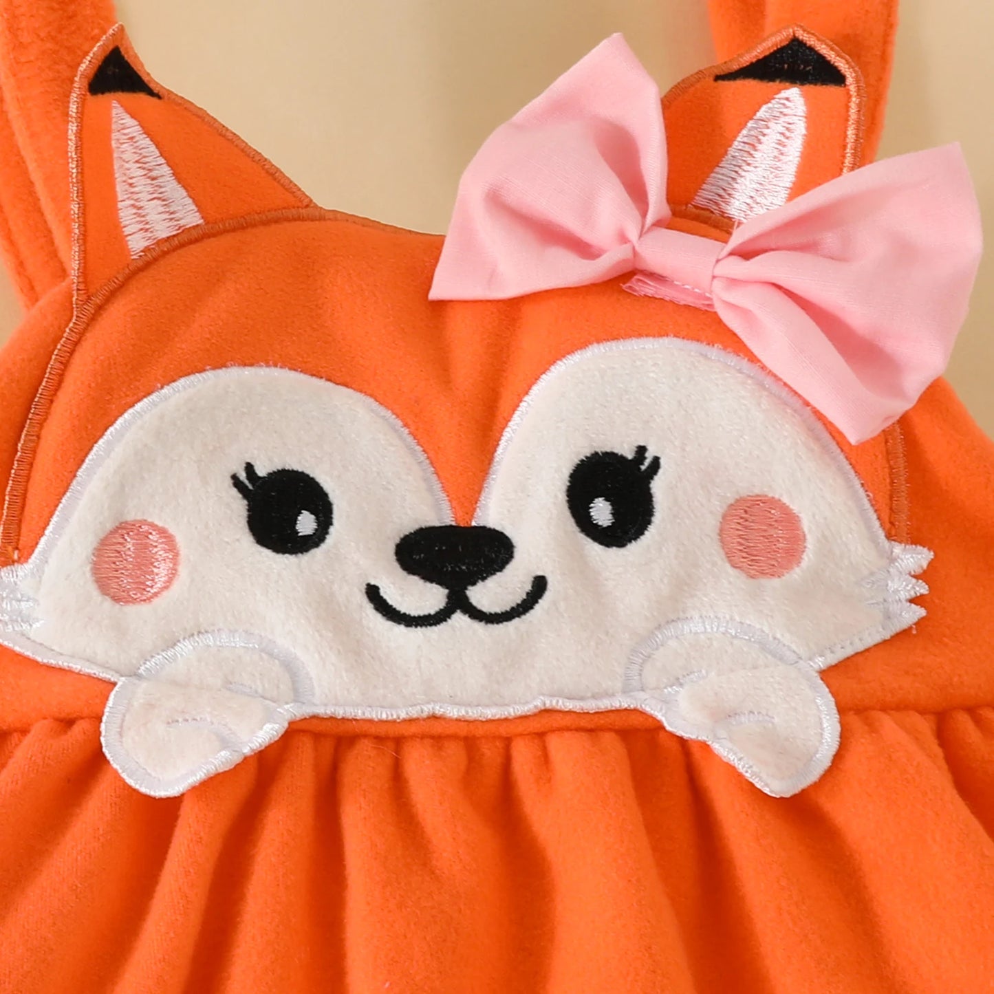 3PCS Baby Girl Fox Print Long Sleeve Onesie with Triangle Bib, Fox Plush Embroidery Overall Dress Set