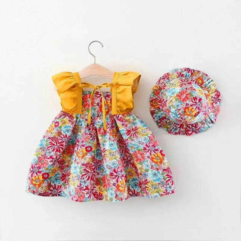 Summer Baby Girl Strap Dress with Hat: Floral Sleeveless Princess Dress for Newborns and Toddlers (0-3 Years).