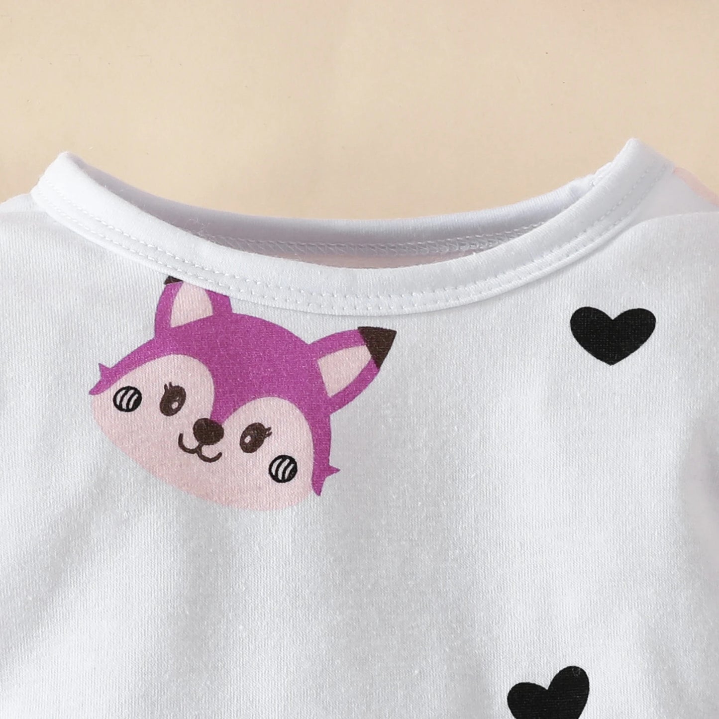 3PCS Baby Girl Fox Print Long Sleeve Onesie with Triangle Bib, Fox Plush Embroidery Overall Dress Set