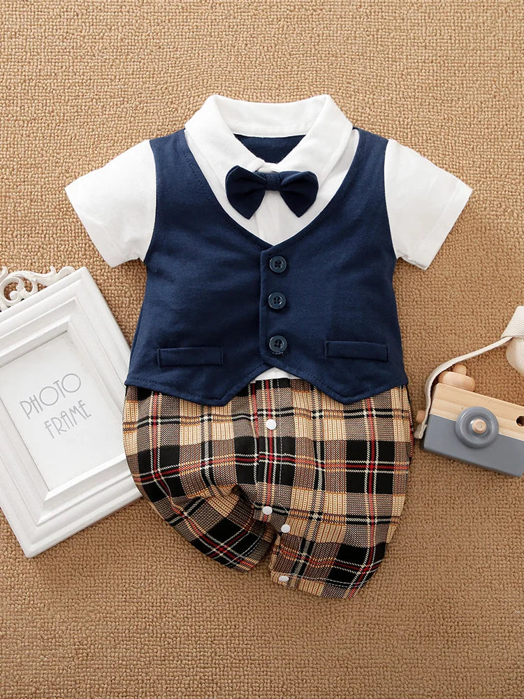Newborn Baby Gentleman Party Outfit | Soft Cotton Short Sleeve Bodysuit for Boys (0-18 Months)