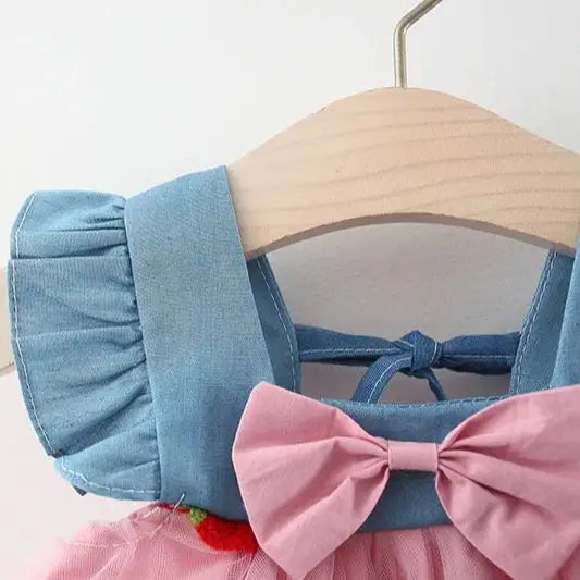 Summer Girls' Dress – Cute and Sweet Denim Mesh Strawberry Embroidered Princess Dress for Parties(6M-3Years)