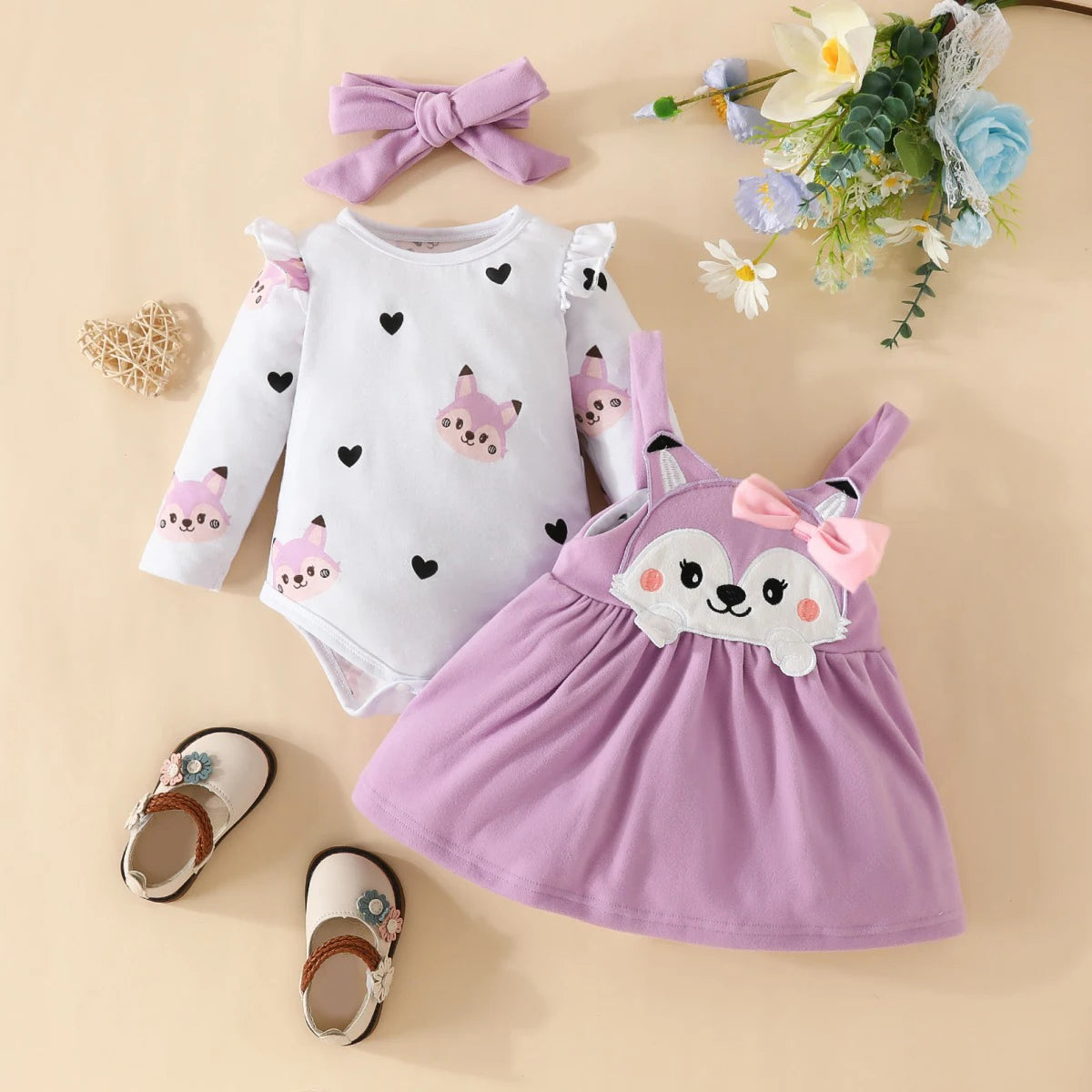 3PCS Baby Girl Fox Print Long Sleeve Onesie with Triangle Bib, Fox Plush Embroidery Overall Dress Set