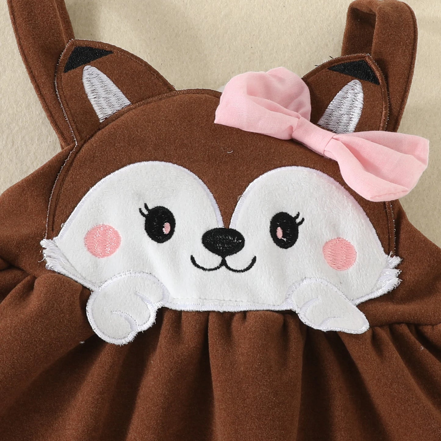 3PCS Baby Girl Fox Print Long Sleeve Onesie with Triangle Bib, Fox Plush Embroidery Overall Dress Set