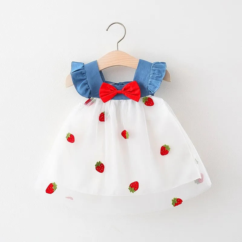 Summer Girls' Dress – Cute and Sweet Denim Mesh Strawberry Embroidered Princess Dress for Parties(6M-3Years)