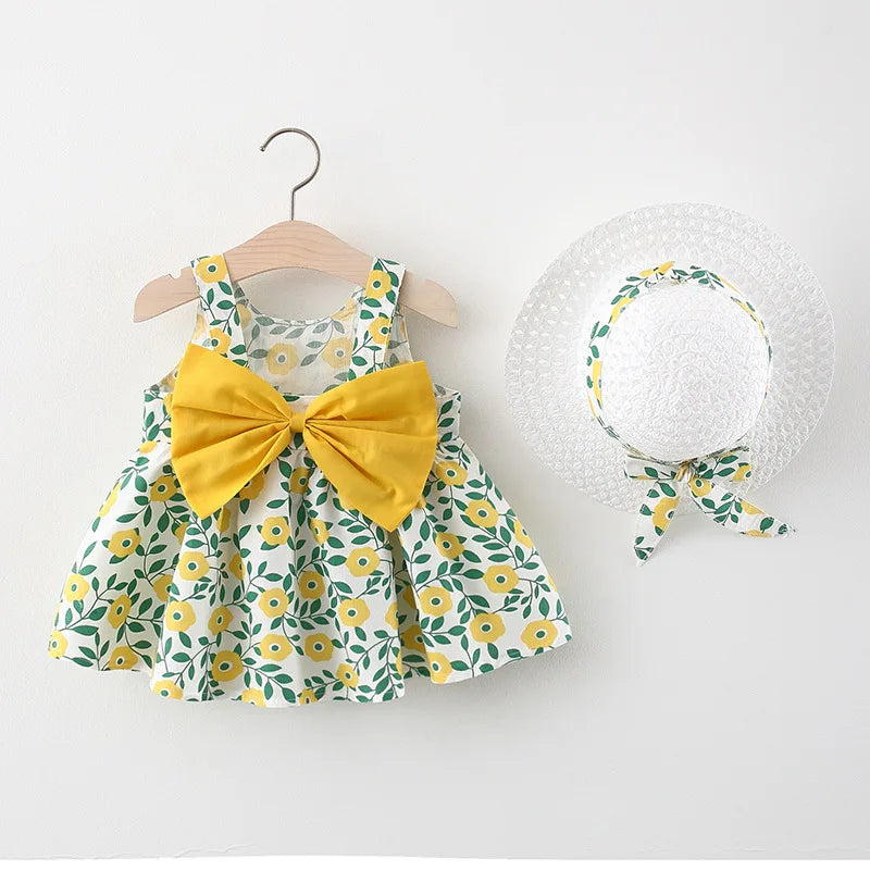 2-Piece Girls’ Summer Dress – Round Neck with Cute Back Big Bow, Cotton Skirt, and Matching Hat for Children’s Clothing (6M-3Years)