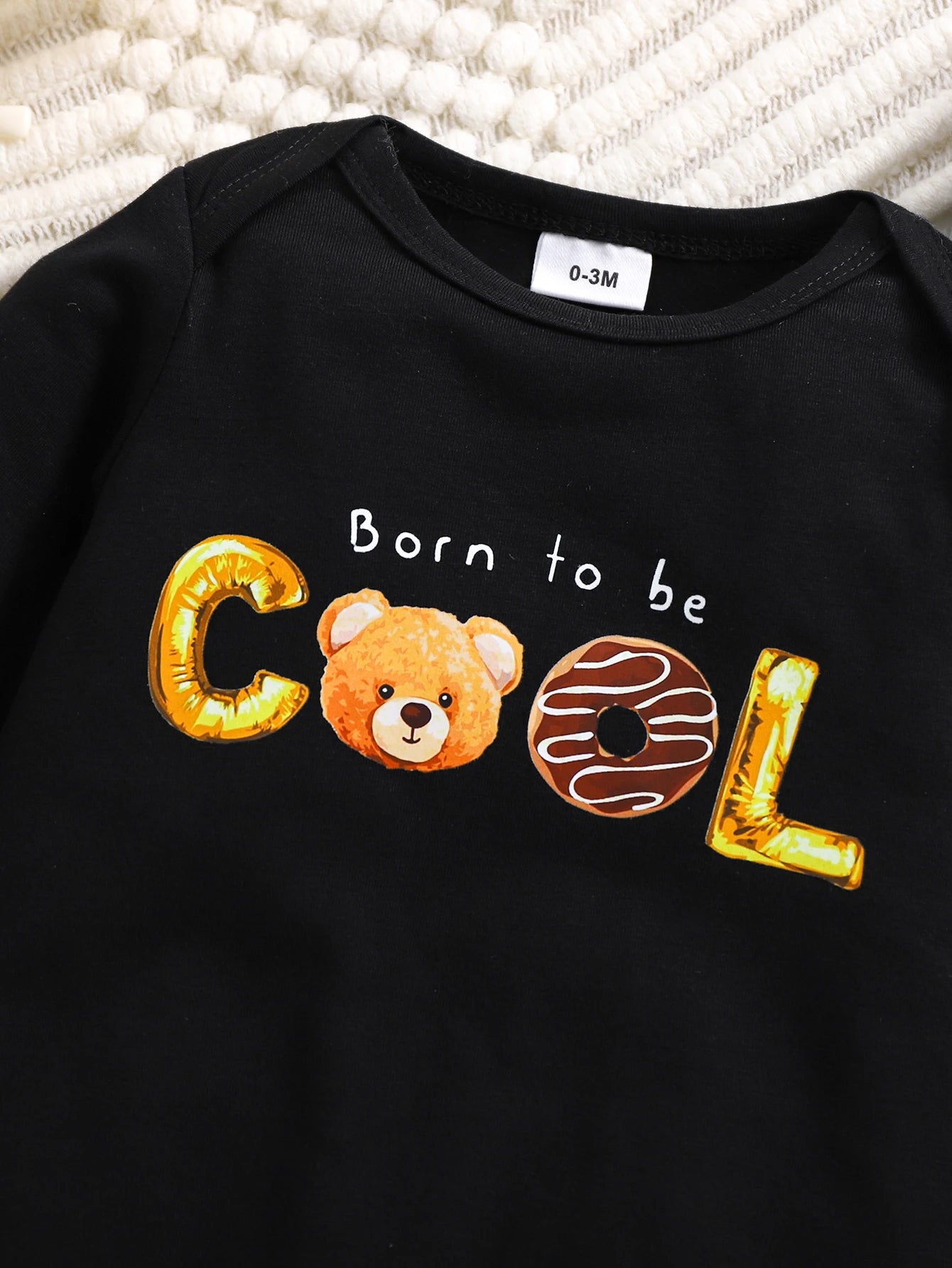 Newborn Baby Boys Romper with Hat ‘’Born to be COOL‘’ Cartoon Bear Print Long Sleeve