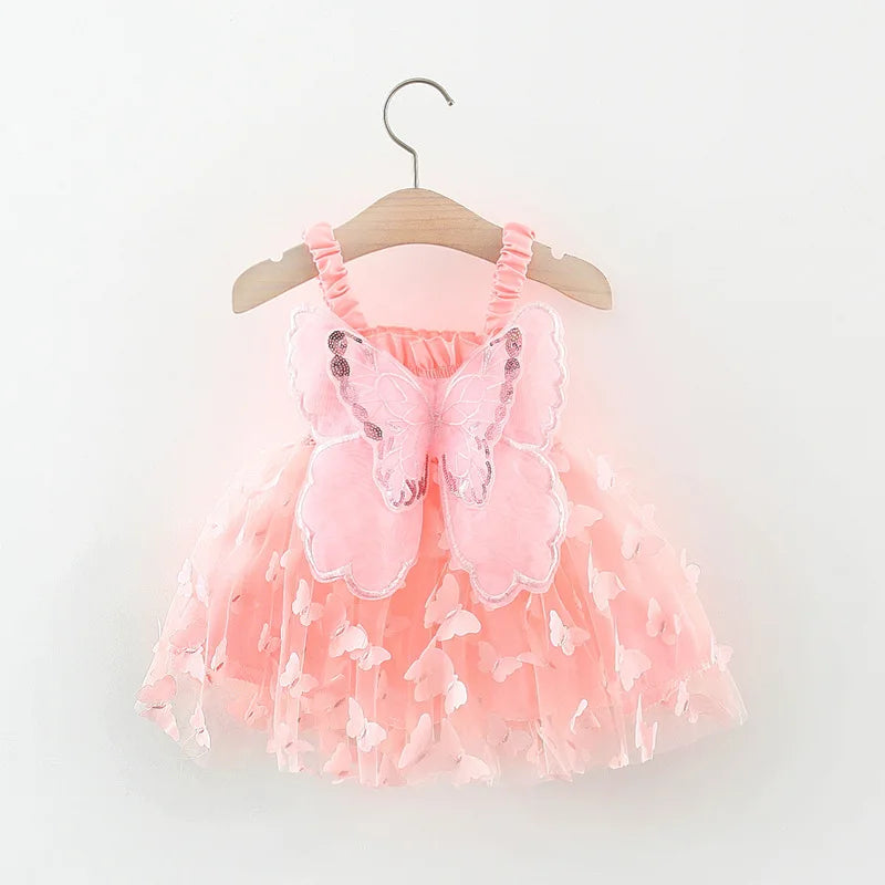 Girls' Summer Princess Dress with Colorful Mesh Butterfly Wings and Drawstring Waist - Perfect for Parties(6M-3Years) .