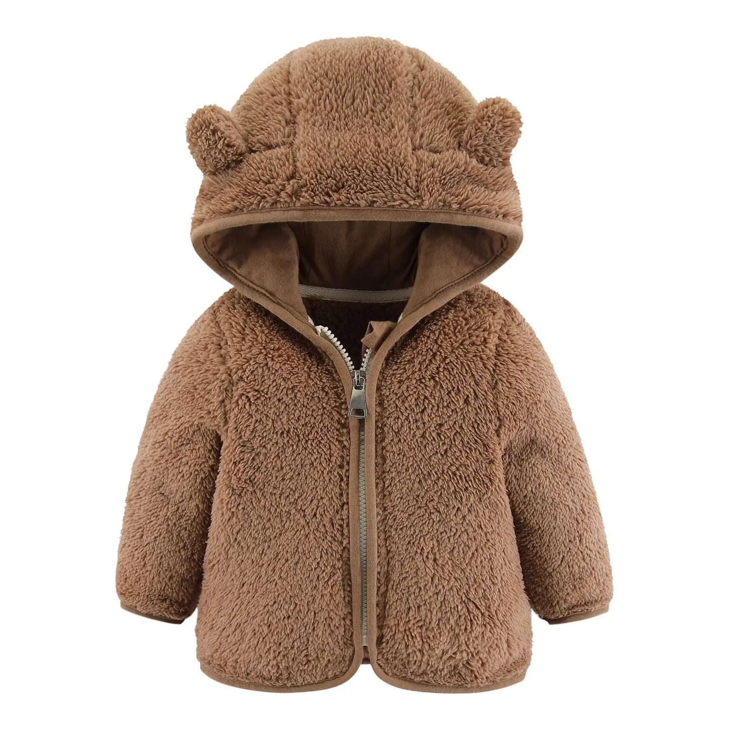 Adorable Spring and Autumn Fleece Coat for Children aged 0-3 years. Featuring cute bear ears and long sleeves.
