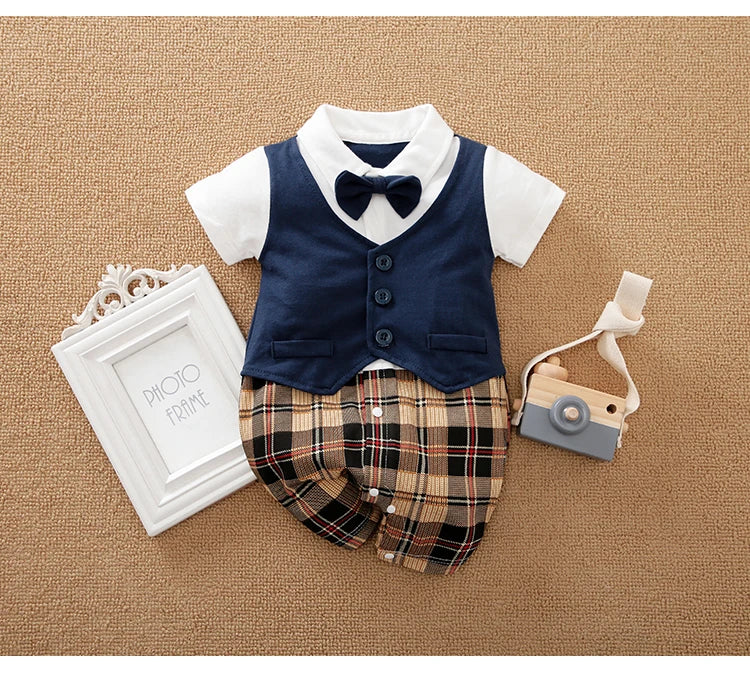 Newborn Baby Gentleman Party Outfit | Soft Cotton Short Sleeve Bodysuit for Boys (0-18 Months)