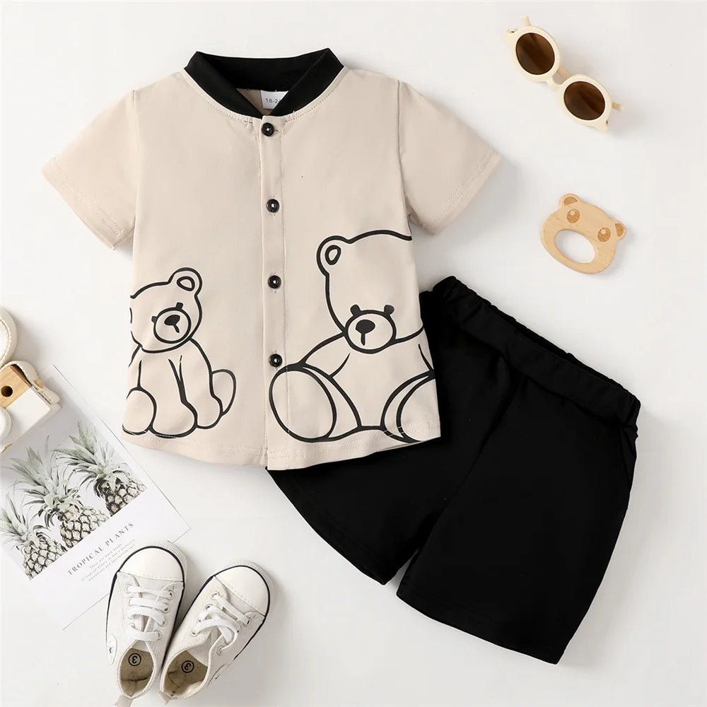 Toddler Boy Clothes Set – Bear Print Short Sleeve Top with Button Style + Shorts (1-6 Years)