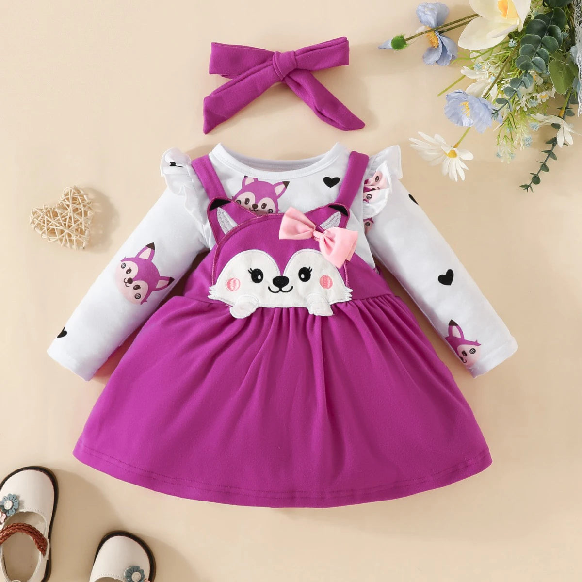 3PCS Baby Girl Fox Print Long Sleeve Onesie with Triangle Bib, Fox Plush Embroidery Overall Dress Set