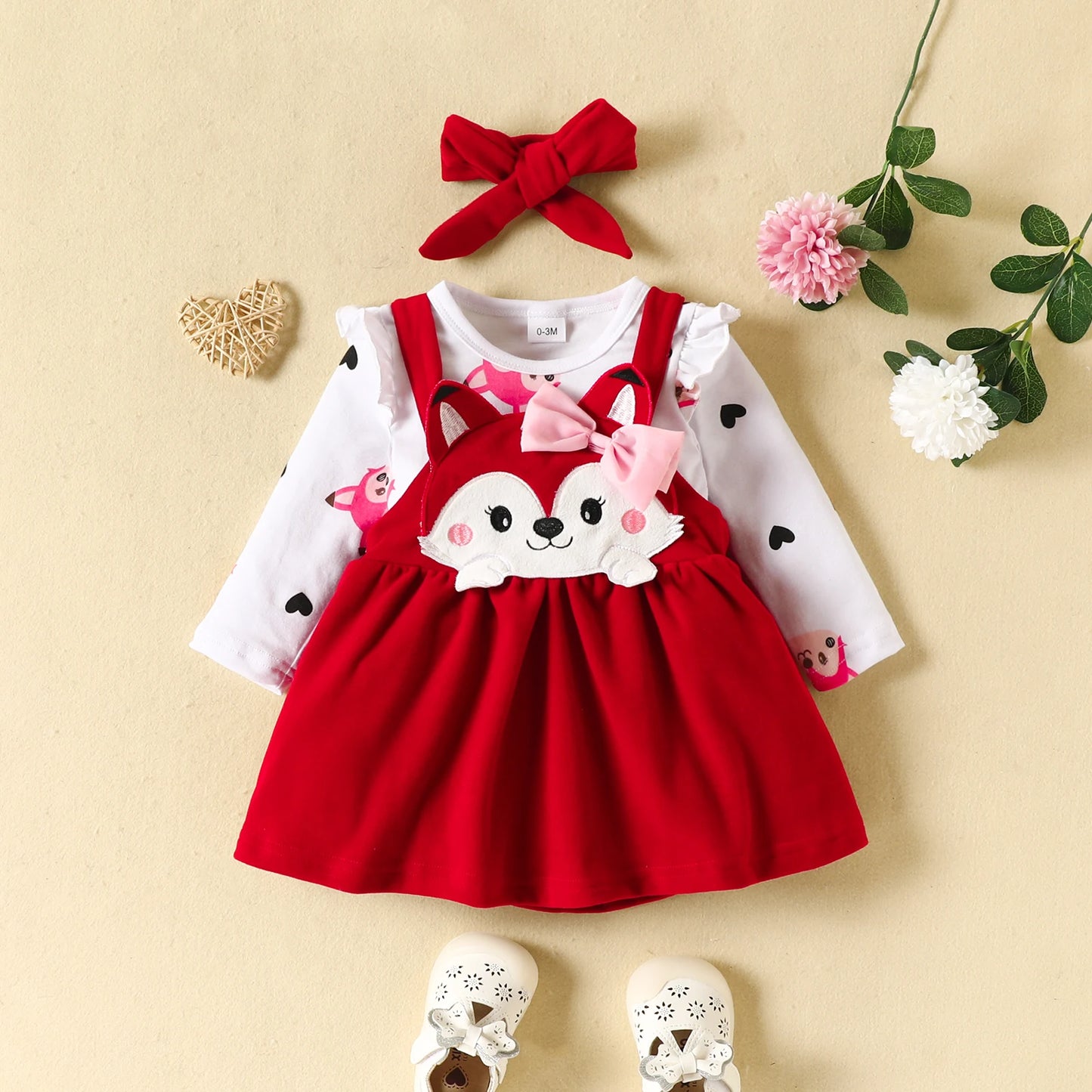 3PCS Baby Girl Fox Print Long Sleeve Onesie with Triangle Bib, Fox Plush Embroidery Overall Dress Set