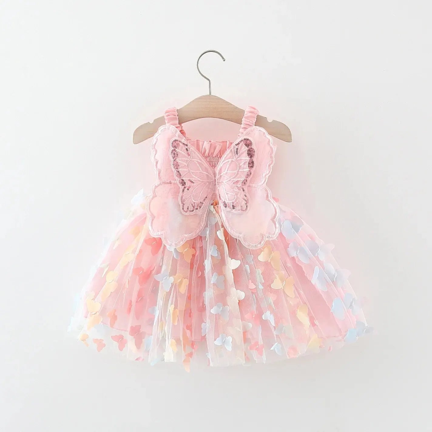 Girls' Summer Princess Dress with Colorful Mesh Butterfly Wings and Drawstring Waist - Perfect for Parties(6M-3Years) .