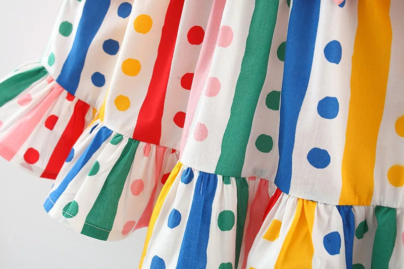 Summer Newborn Girl Baby Sling Dress with Colorful Stripe Polka Dots – Princess Dress with Matching Sun Visor Hat (6M-3Years)
