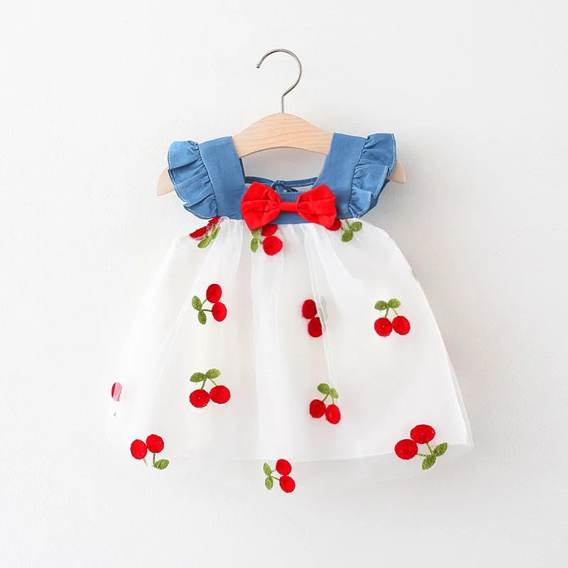 Summer Girls' Dress – Cute and Sweet Denim Mesh Strawberry Embroidered Princess Dress for Parties(6M-3Years)