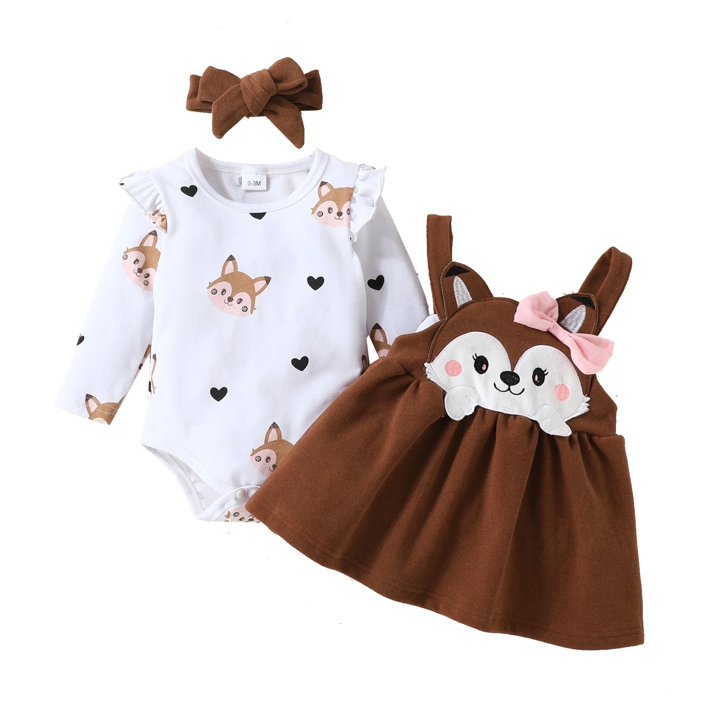 3PCS Baby Girl Fox Print Long Sleeve Onesie with Triangle Bib, Fox Plush Embroidery Overall Dress Set