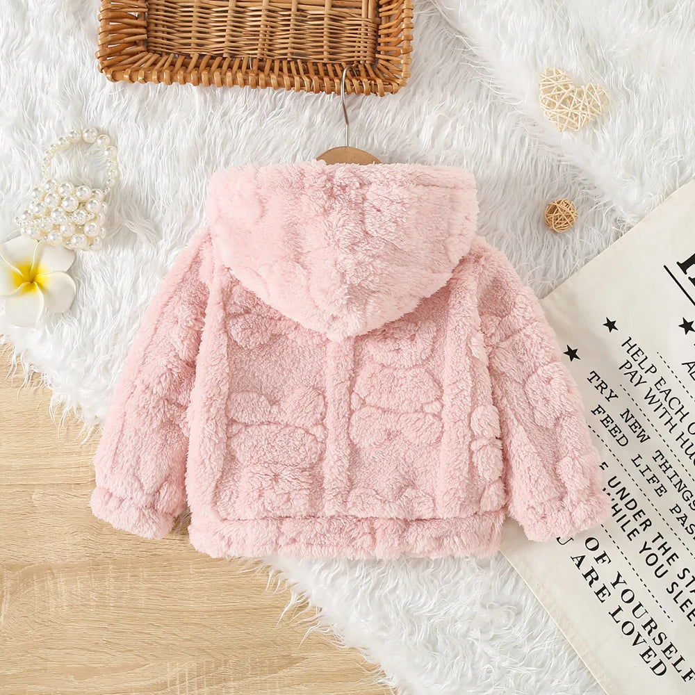 Princess Pink Fleece Jacket for Baby Girls with a Charming Love/Bear Pattern. (0-3 Years)