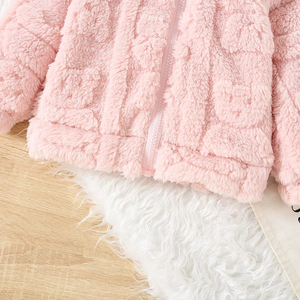 Princess Pink Fleece Jacket for Baby Girls with a Charming Love/Bear Pattern. (0-3 Years)