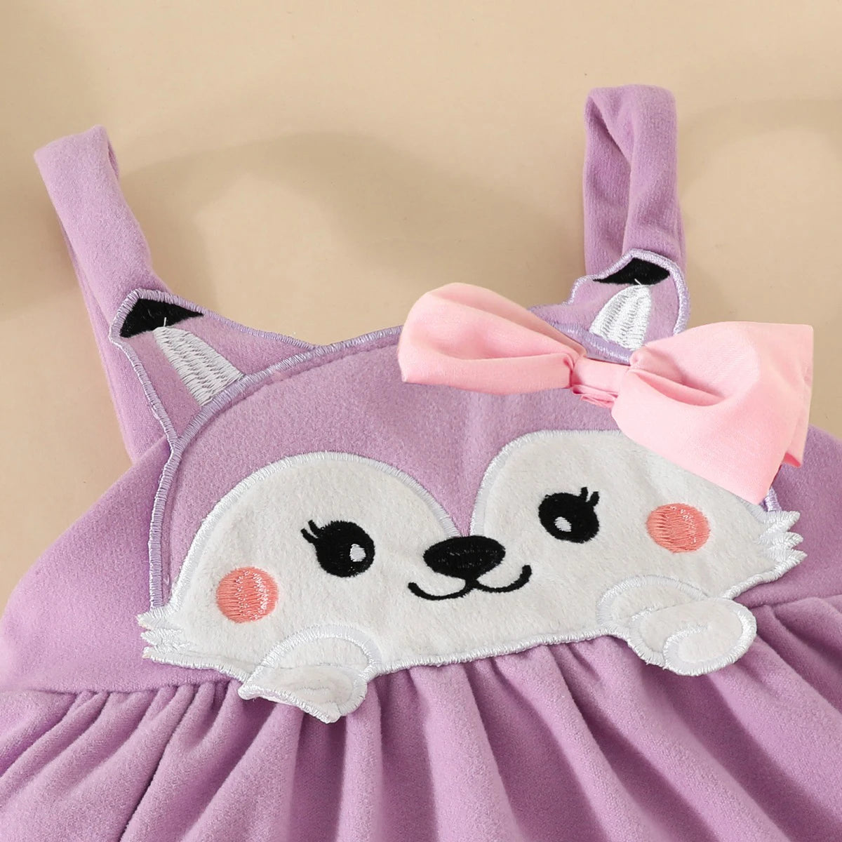 3PCS Baby Girl Fox Print Long Sleeve Onesie with Triangle Bib, Fox Plush Embroidery Overall Dress Set