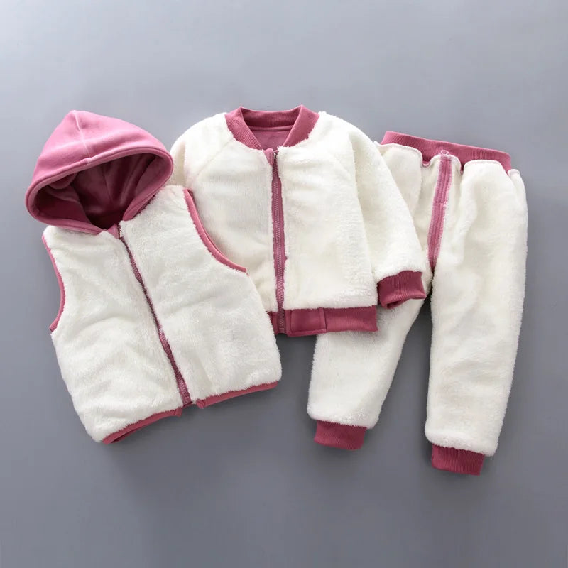 3PCS Baby Winter Clothing Set | Sweater Coat, Hooded Vest & Pants Outfit for Boys & Girls