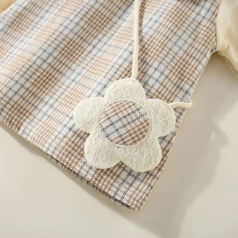 New Winter Baby Girls' Dress – Bubble Sleeve Lapel Plaid Pattern with Faux Two Layers and Diagonal Treasure Flower, Sweet Princess Dress(6M-3Years)