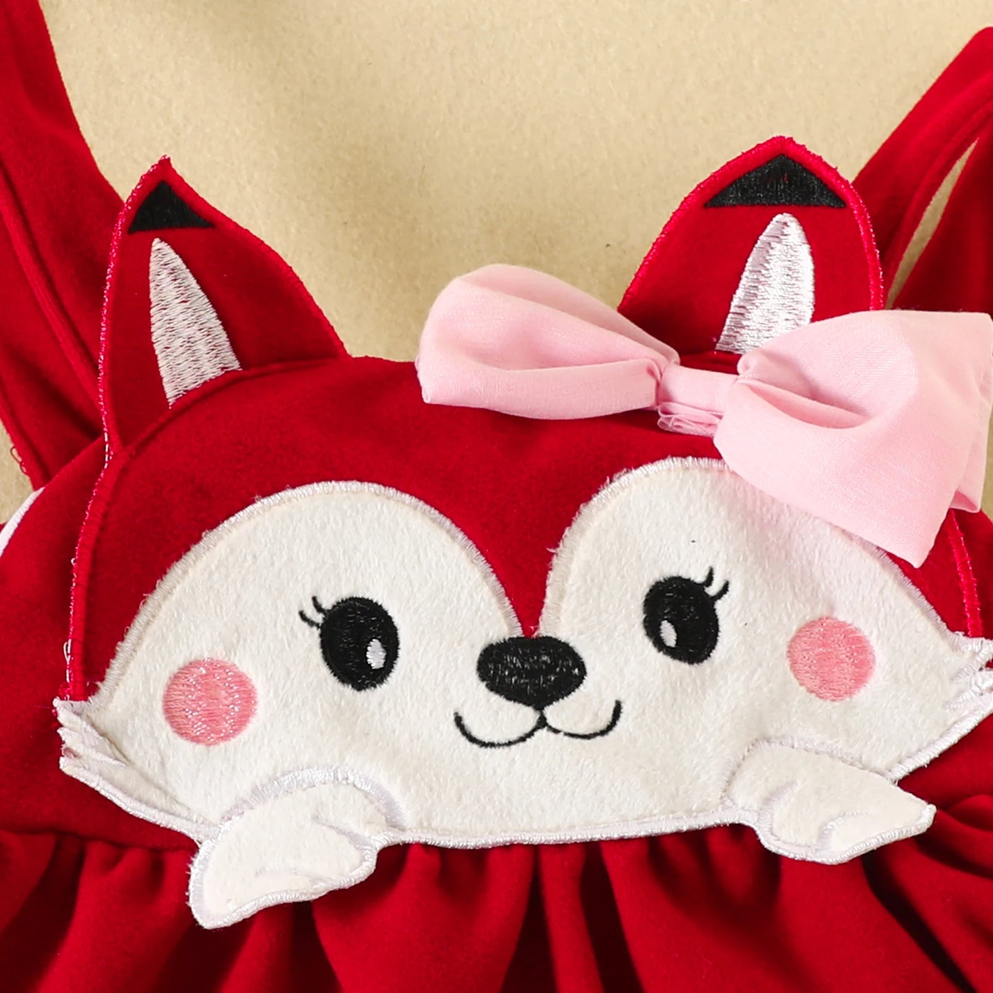 3PCS Baby Girl Fox Print Long Sleeve Onesie with Triangle Bib, Fox Plush Embroidery Overall Dress Set