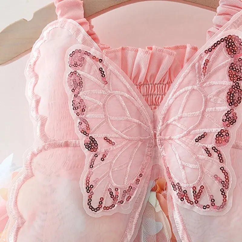 Girls' Summer Princess Dress with Colorful Mesh Butterfly Wings and Drawstring Waist - Perfect for Parties(6M-3Years) .