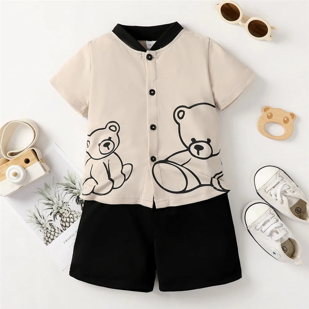 Toddler Boy Clothes Set – Bear Print Short Sleeve Top with Button Style + Shorts (1-6 Years)