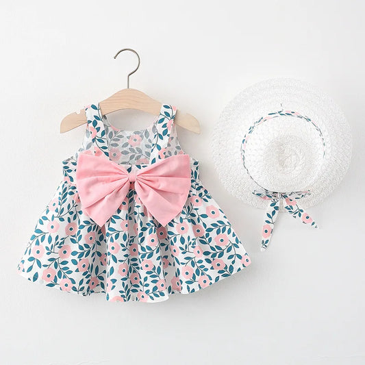 2-Piece Girls’ Summer Dress – Round Neck with Cute Back Big Bow, Cotton Skirt, and Matching Hat for Children’s Clothing (6M-3Years)