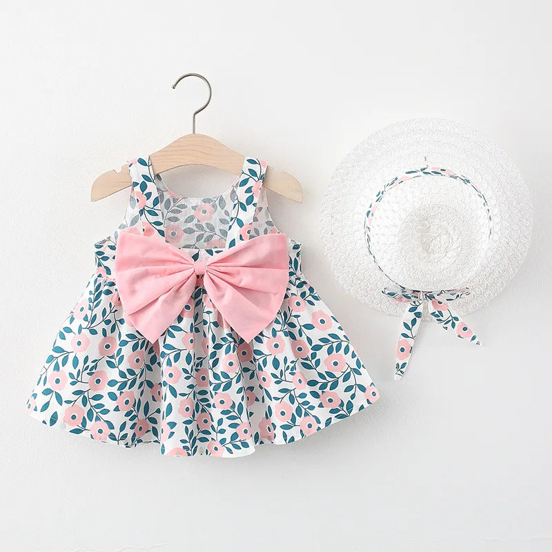 2-Piece Girls’ Summer Dress – Round Neck with Cute Back Big Bow, Cotton Skirt, and Matching Hat for Children’s Clothing (6M-3Years)