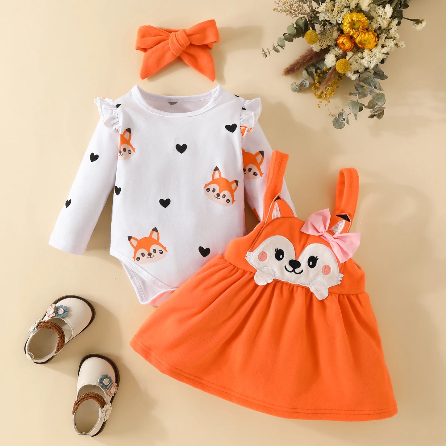 3PCS Baby Girl Fox Print Long Sleeve Onesie with Triangle Bib, Fox Plush Embroidery Overall Dress Set