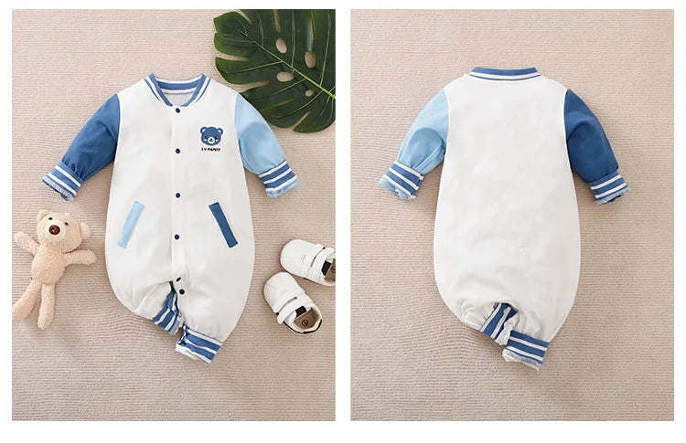 Newborn Cotton Baby Jumpsuit Baseball Suit Teddy Bear Embroidered Long Sleeved