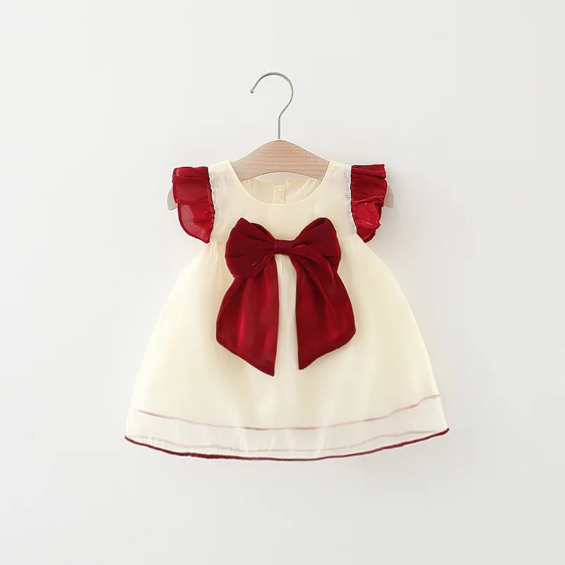 Dress for Girls – Summer Solid Red Dress with Flying Sleeves and Bow, Twilight Cloud Princess Dress Suitable for Babies Aged (6M-3 Years)