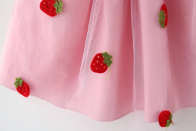 Summer Girls' Dress – Cute and Sweet Denim Mesh Strawberry Embroidered Princess Dress for Parties(6M-3Years)