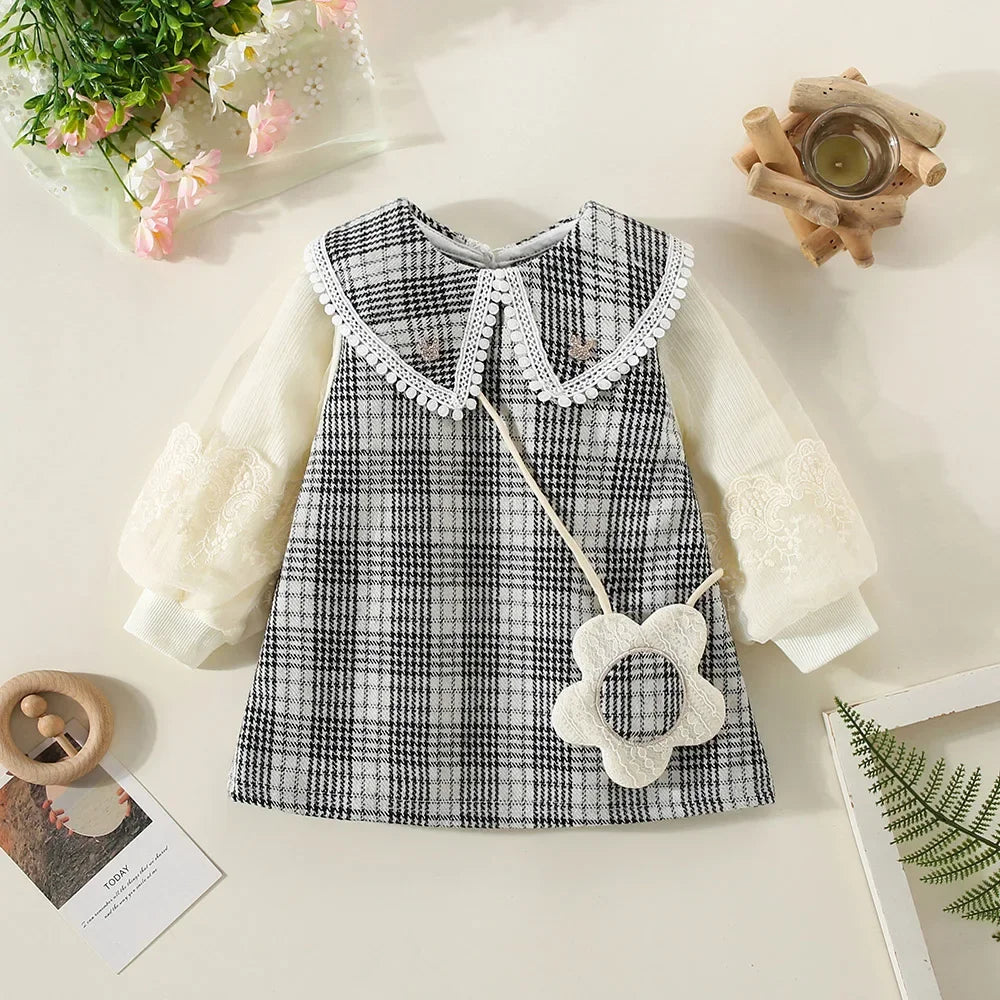 New Winter Baby Girls' Dress – Bubble Sleeve Lapel Plaid Pattern with Faux Two Layers and Diagonal Treasure Flower, Sweet Princess Dress(6M-3Years)