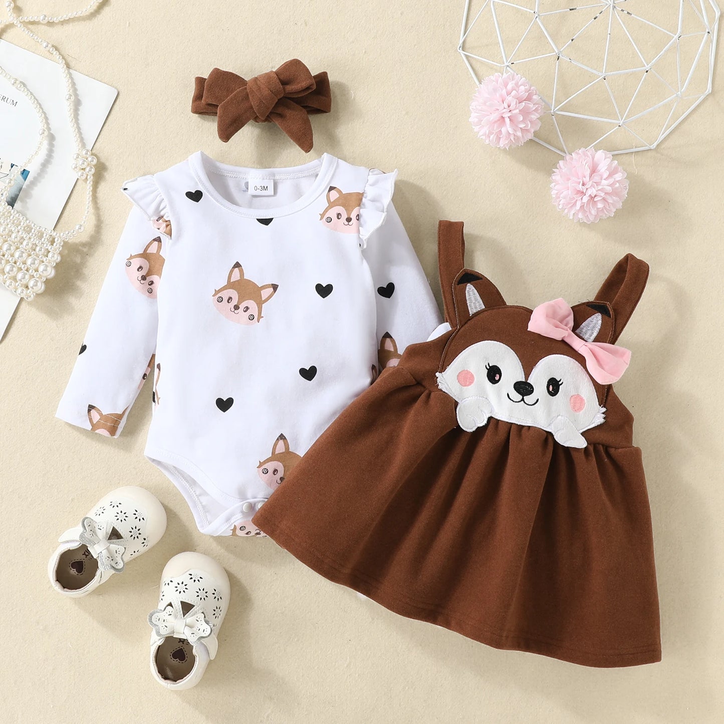 3PCS Baby Girl Fox Print Long Sleeve Onesie with Triangle Bib, Fox Plush Embroidery Overall Dress Set