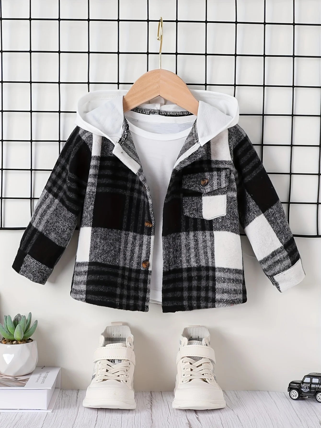 Autumn and Winter Plaid Jacket for Baby Boys: English-Style Hooded Coat with Pockets(6M-3 Years)