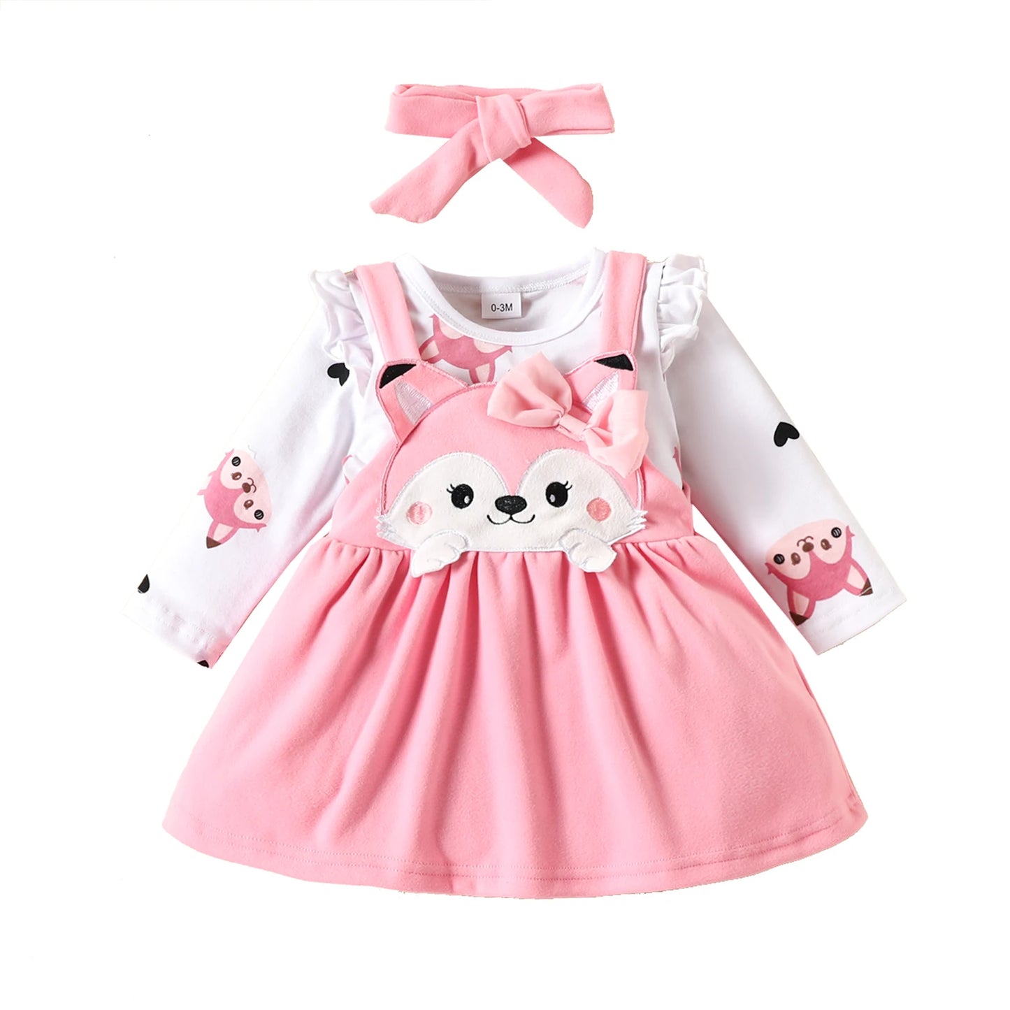 3PCS Baby Girl Fox Print Long Sleeve Onesie with Triangle Bib, Fox Plush Embroidery Overall Dress Set