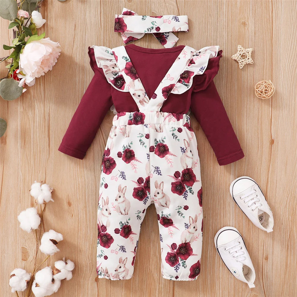 Newborn Baby Girl 3-Piece Outfit - Long Sleeve Romper, Floral Strap Pants, and Headband (0-24 Months) for Spring & Autumn