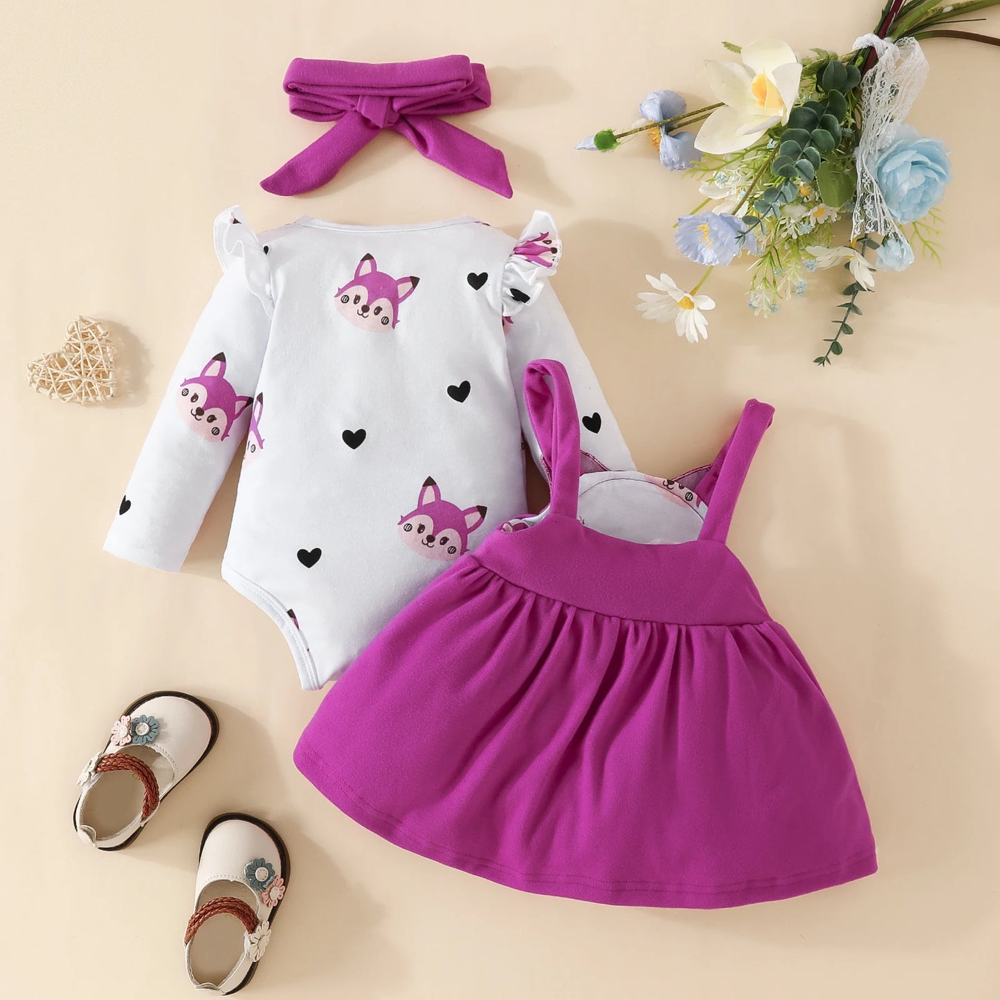 3PCS Baby Girl Fox Print Long Sleeve Onesie with Triangle Bib, Fox Plush Embroidery Overall Dress Set